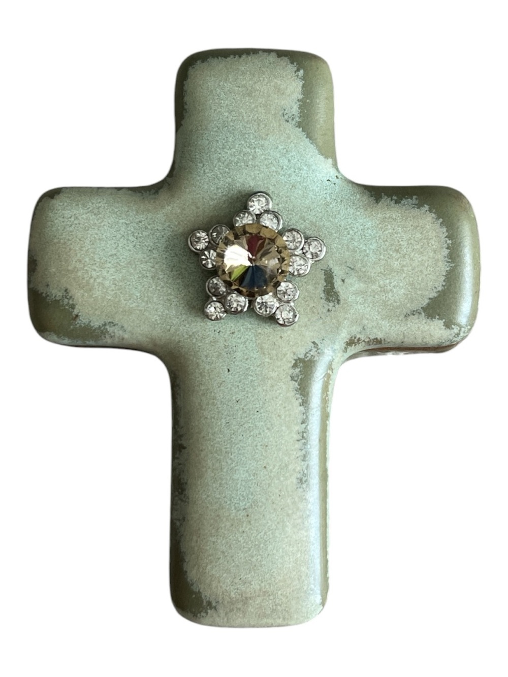 Mint Green Decorative Cross Ceramic Jewelry Box with Rhinestone Accent